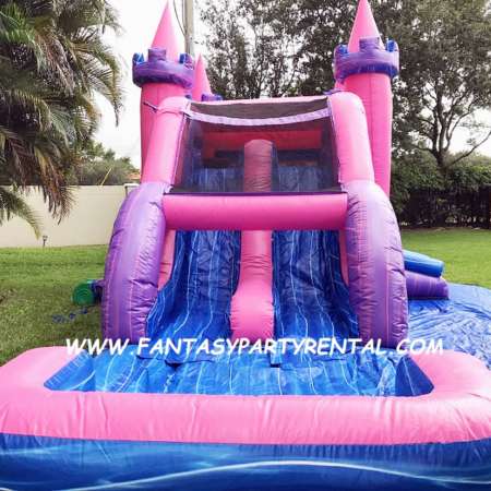 Lucky Pink and Purple Combo 5 in 1 bounce house. Bounce, basketball hoop, climb, dual lane slide, splash pool.