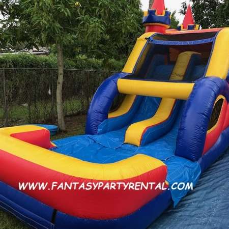 Lucky Primary Combo 5 in 1 bounce house. Bounce, basketball hoop, climb, dual lane slide, splash pool.