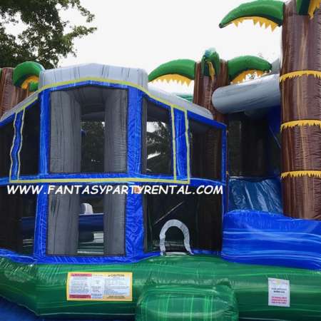 Blue Crush Combo 5 in 1 bounce house. Bounce, obstacles, basketball hoop, climb, dry slide.