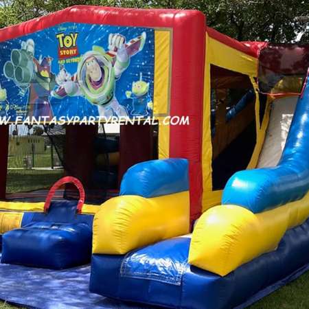 Toy Story Combo 7 in 1 bounce house. Bounce, pop up and side obstacles, 2 basketball hoops, climb, dry slide.