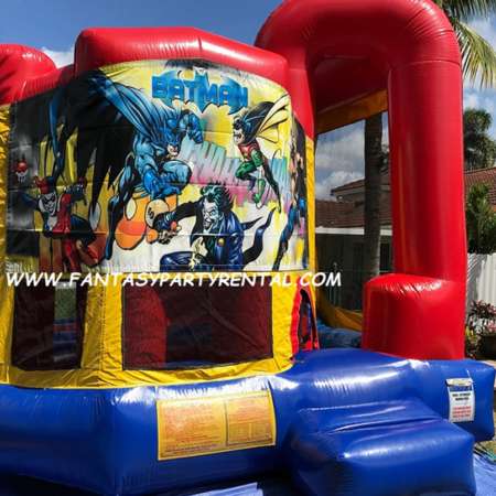 Batman primary colors Backyard Combo 4 in 1 bounce house. Bounce, basketball hoop, climb, dry slide.