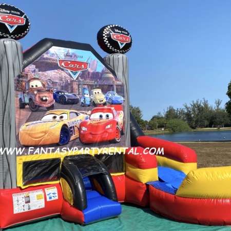 Disney Cars Combo 6 in 1 bounce house. Bounce, themed obstacles, basketball hoop, climb, wet slide, pool.