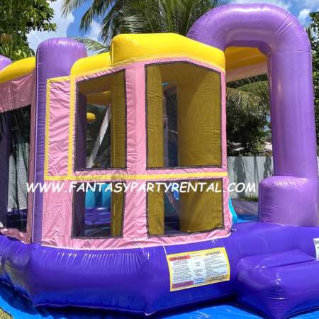 Lavender, baby pink, yellow and blue Dazzling Backyard Combo 4 in 1 bounce house. Bouncing area, basketball hoop, climb, dry slide.