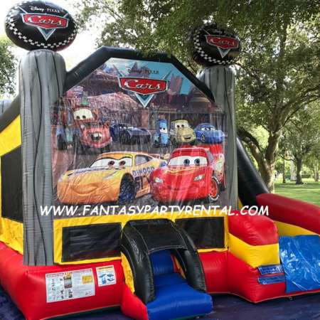 Disney Cars Combo 5 in 1 bounce house. Bounce, themed obstacles, basketball hoop, climb, dry slide.