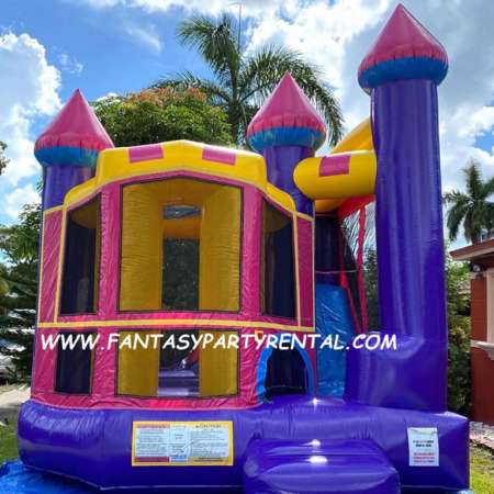 Castle Dream Backyard Combo 4 in 1 hot pink, yellow, and blue bounce house. Bounce, basketball hoop, climb, dry slide.
