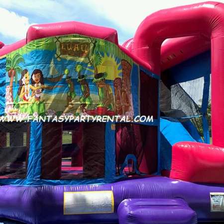 Dream Combo 5 in 1 Luau bounce house. Bounce, obstacles, basketball hoop, climb, dry slide