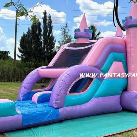 Lucky Dazzling Combo 5 in 1 bounce house. Bouncing area, basketball hoop, climb, dual slide, splash pool.